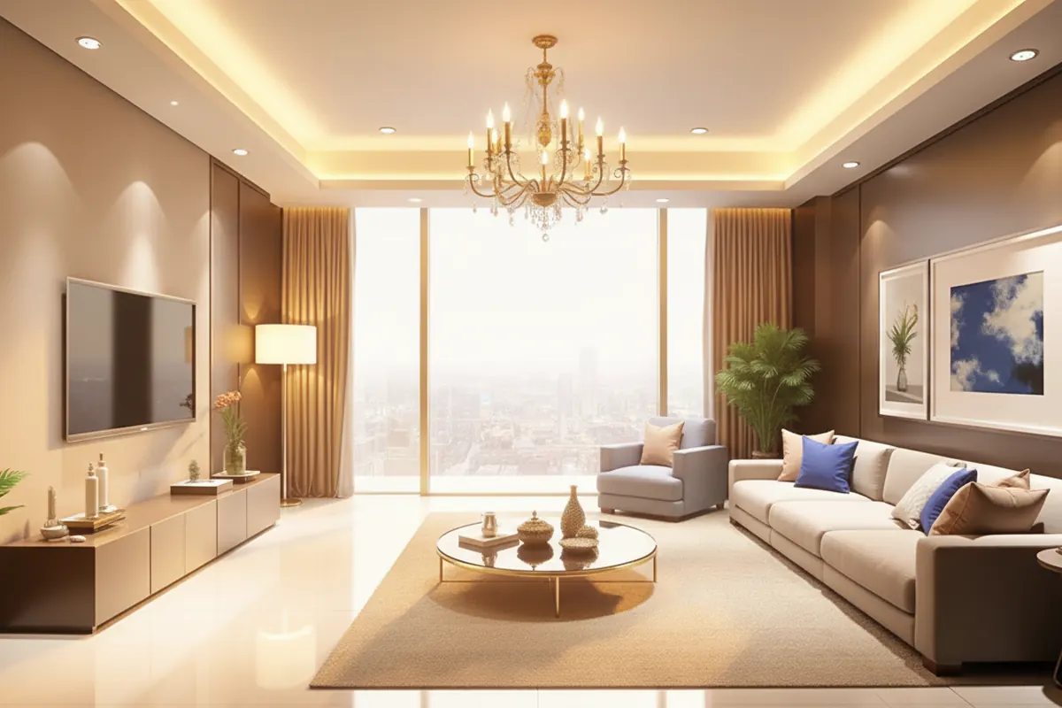 Finished living room interior with false ceiling and wooden flooring